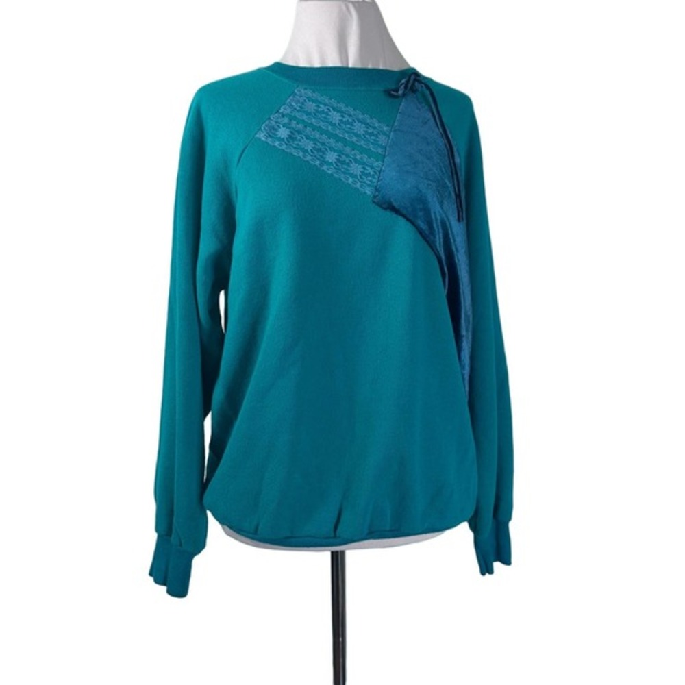 Vintage 80s Teal Velvet and Lace Embellished Sweatshirt L